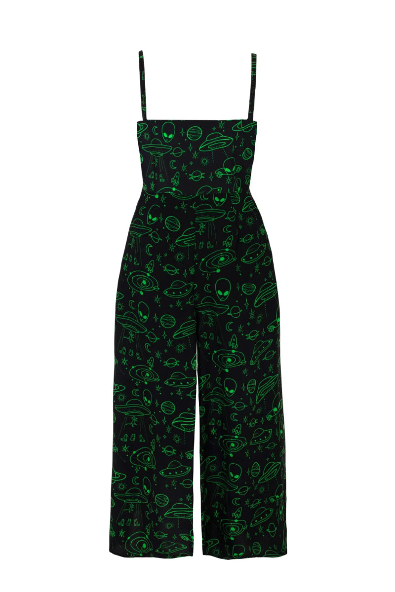 Hell Bunny Mulder Neon Green Alien Gothic Cropped Jumpsuit
