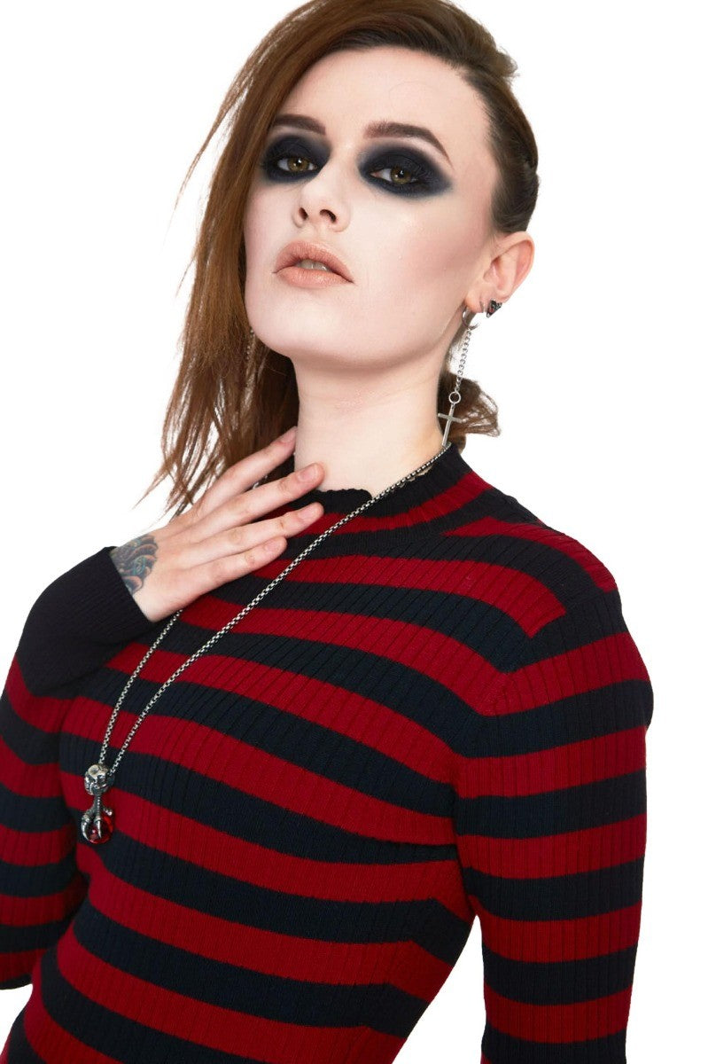 Jawbreaker Menace Stripe Ribbed Sweater Gothic Punk Jumper, Black & Red