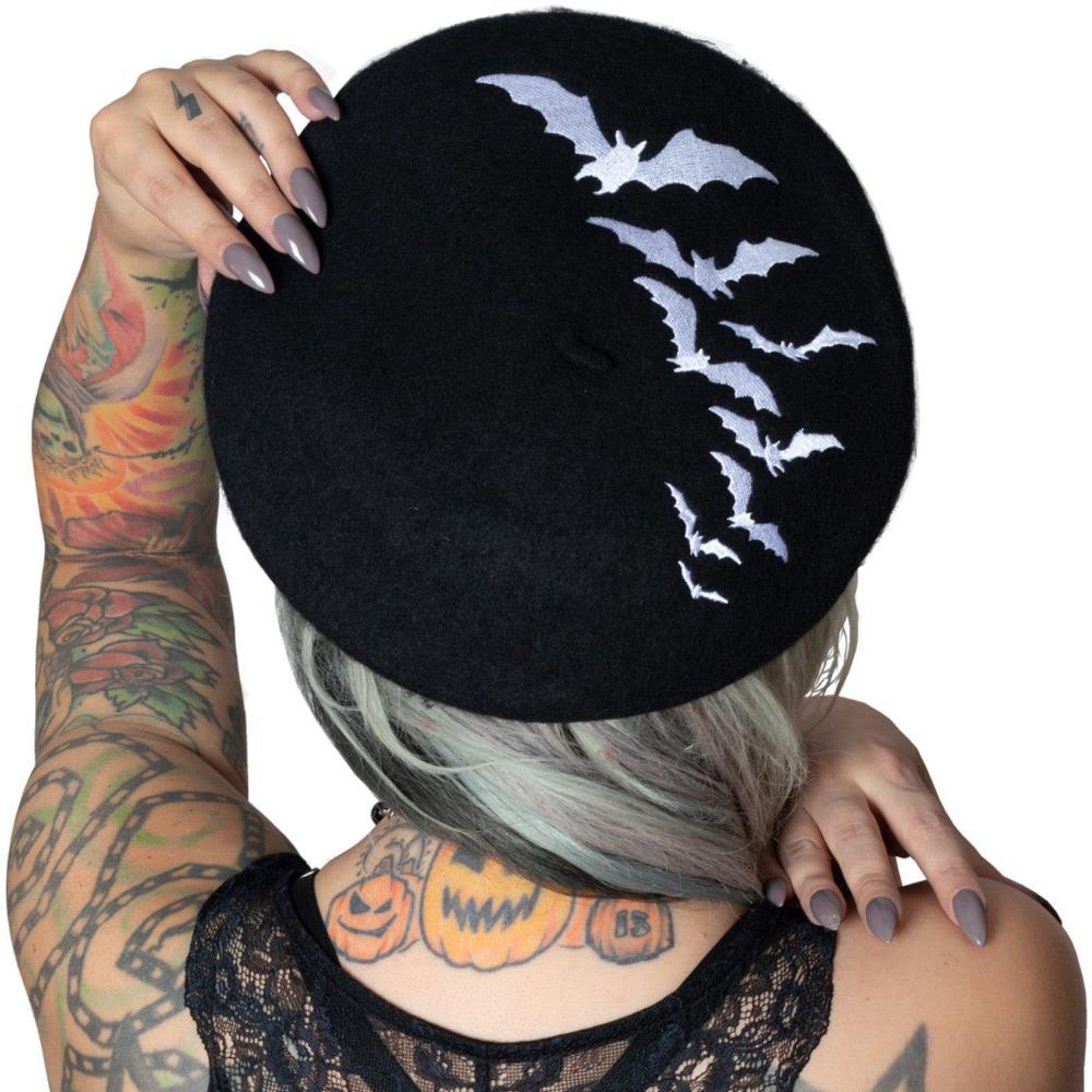 Kreepsville 666 Bat Repeat White Beret Hat Gothic Accessory