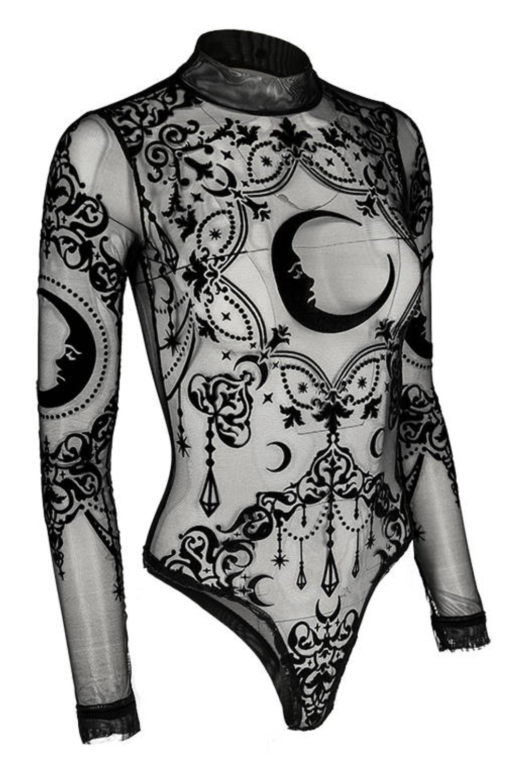 Restyle Gothic Crescent Ornamental Mesh Velvet Bodysuit