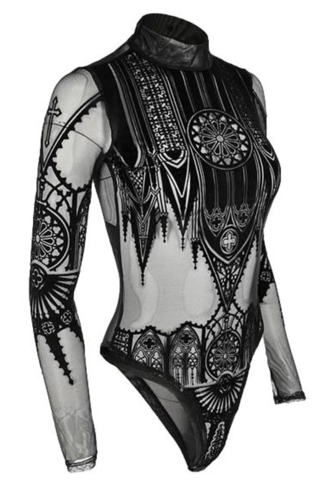 Restyle Gothic Inverted Cathedral Mesh Velvet Bodysuit