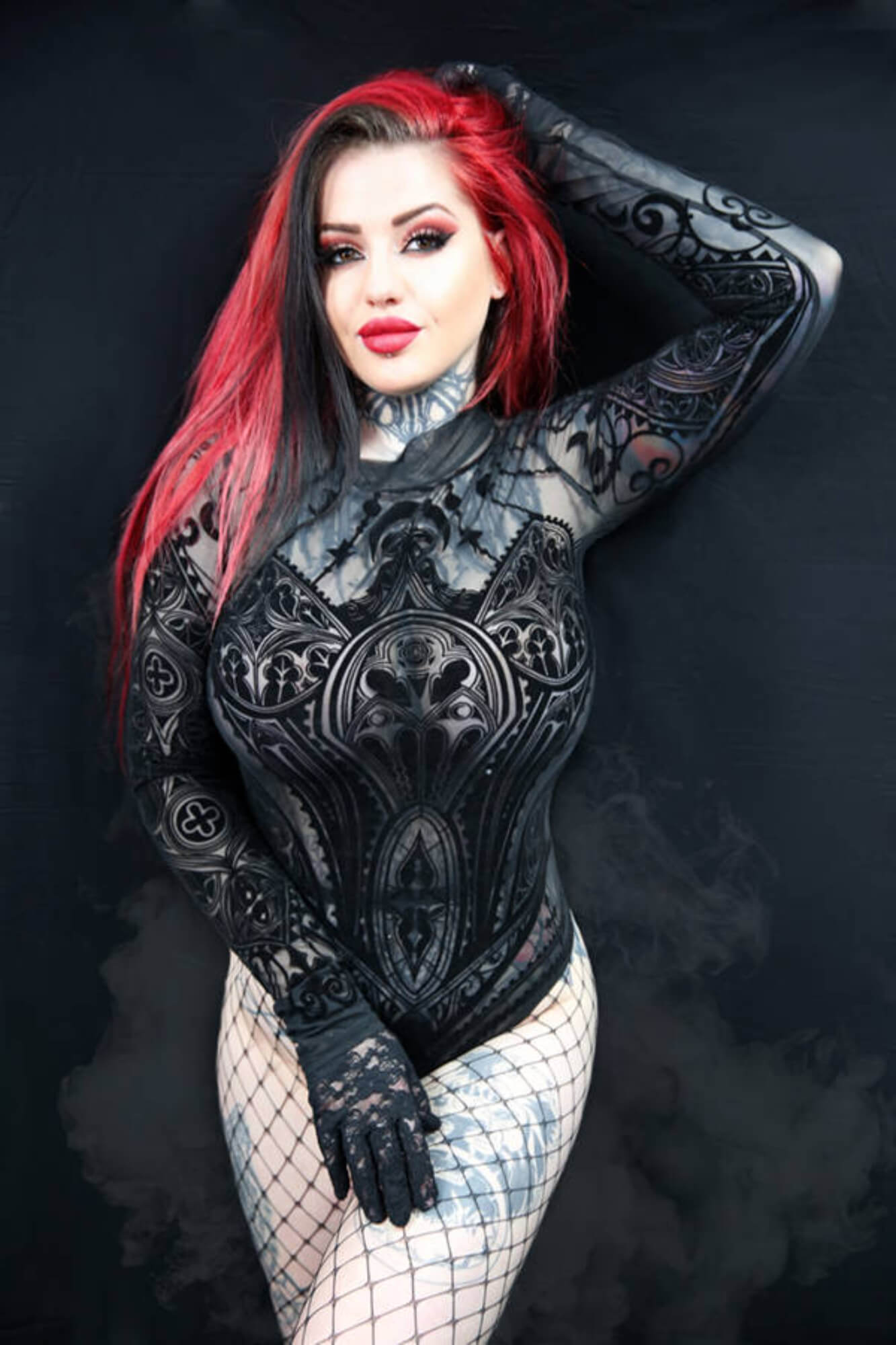 Restyle Gothic Cathedral Corset Mesh Sexy Sheer Bodysuit,
