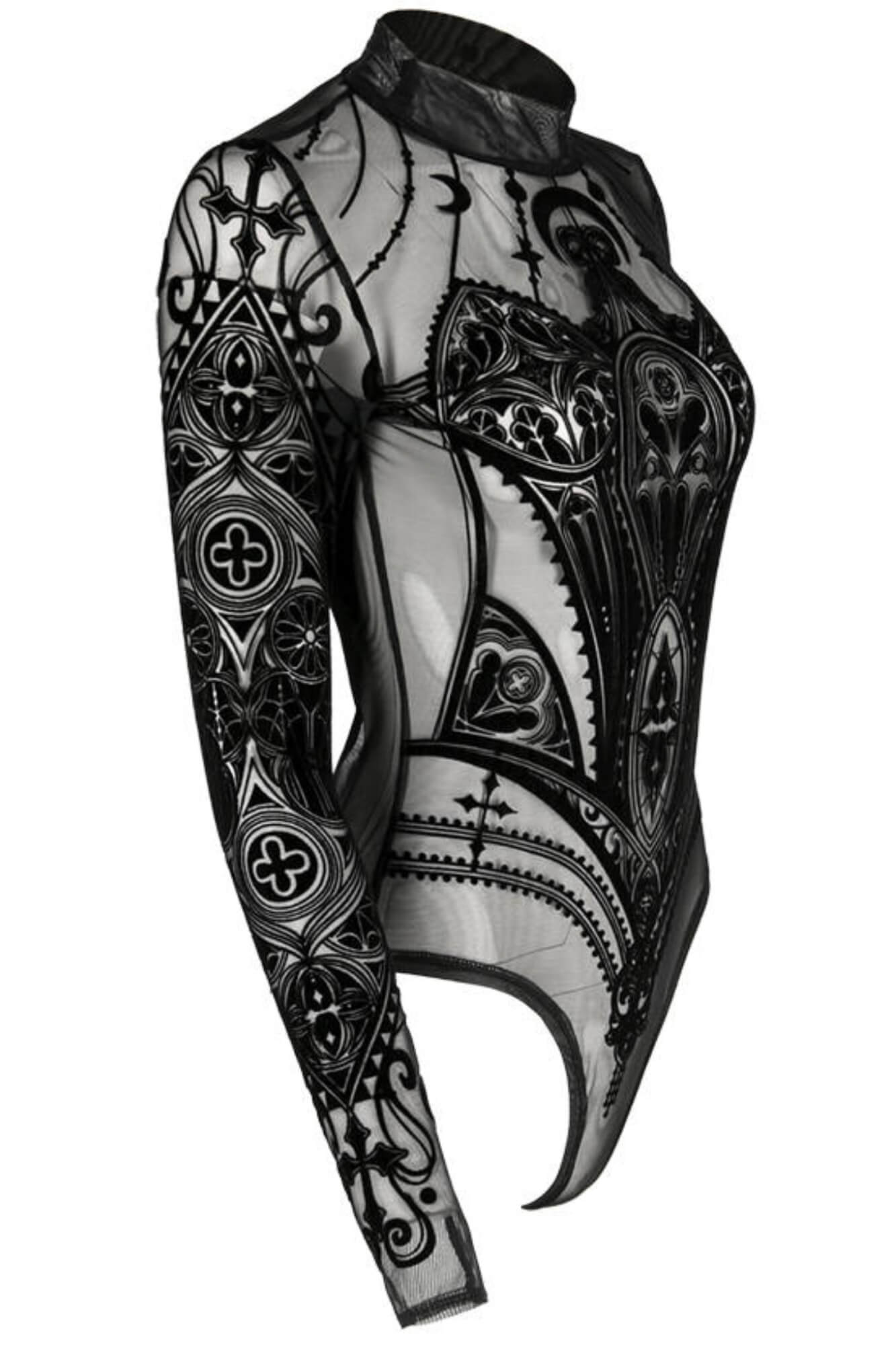 Restyle Gothic Cathedral Corset Mesh Sexy Sheer Bodysuit,