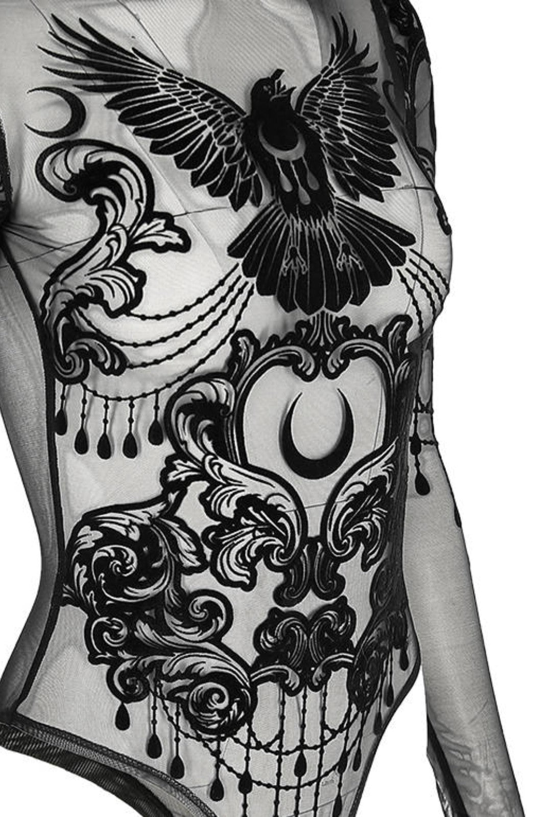 Restyle Gothic Raven Ornamental Mesh Velvet Bodysuit