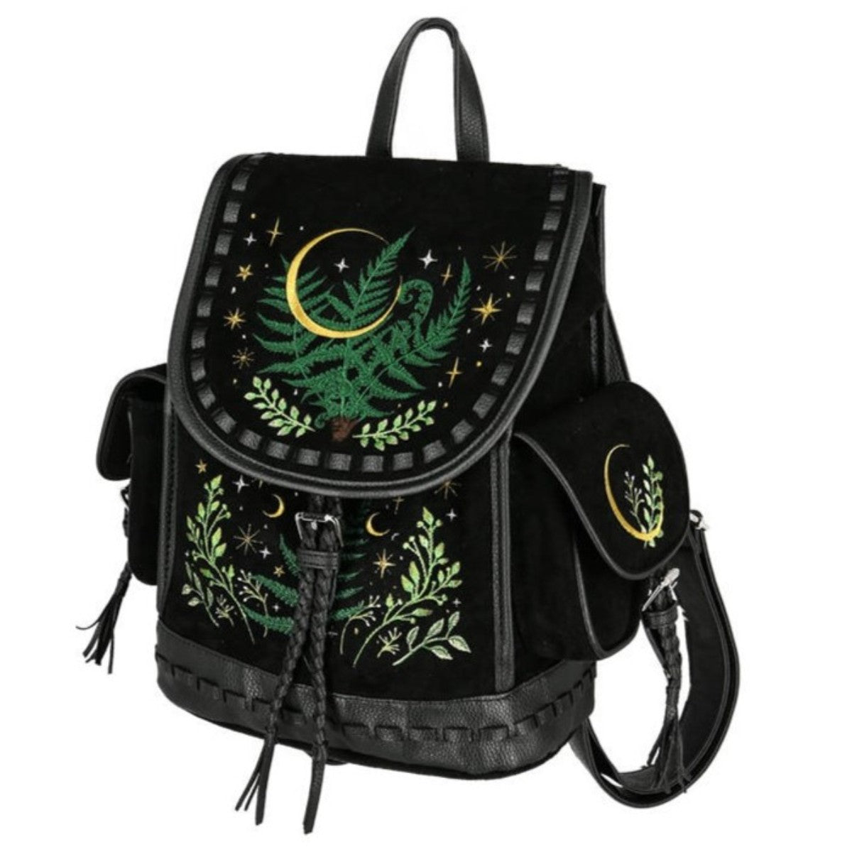 Restyle Herbal Fern Crescent Embroidery Goth Velvet Backpack