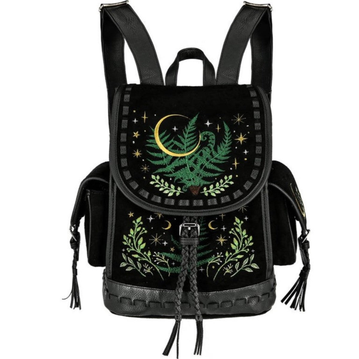 Restyle Herbal Fern Crescent Embroidery Goth Velvet Backpack