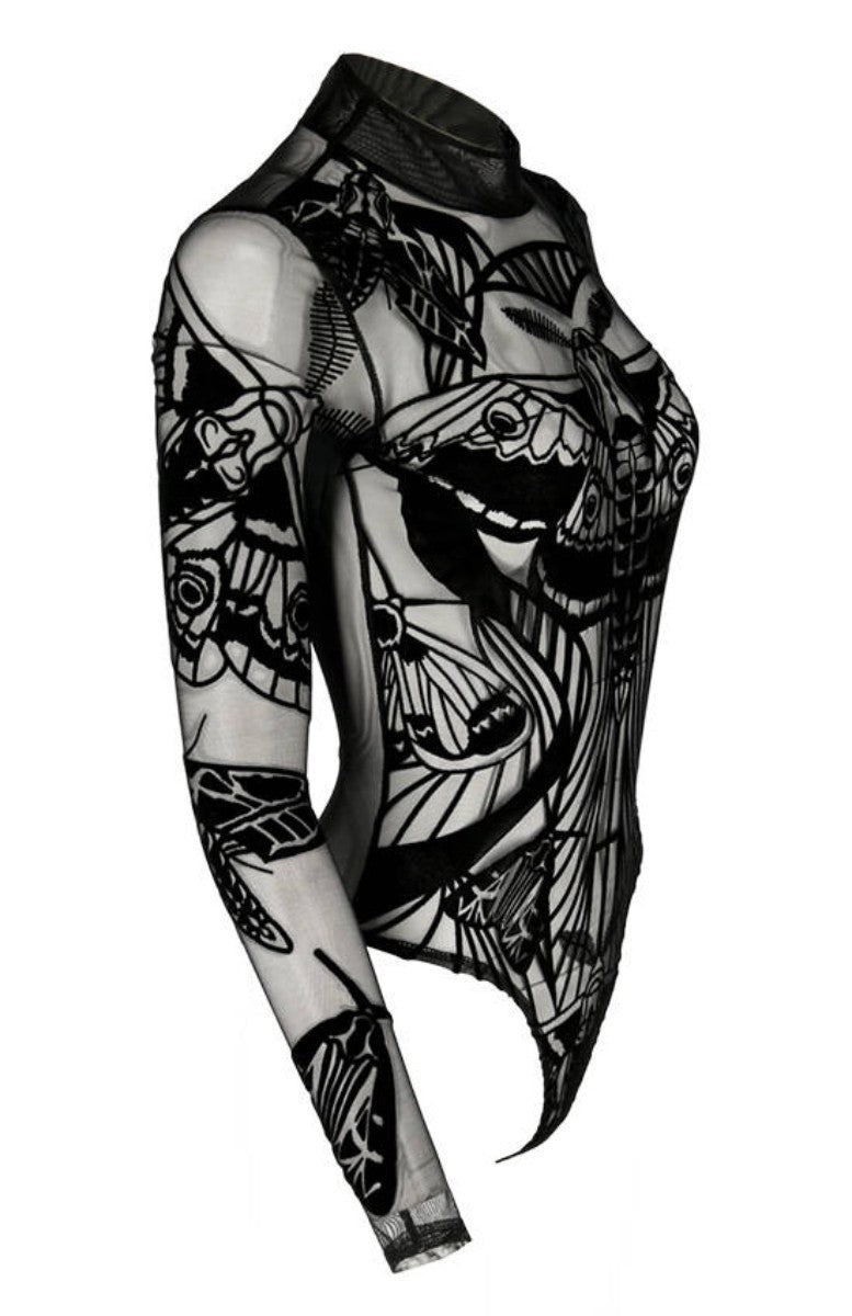 Restyle Moth Contour Flocked Mesh Gothic Velvet Bodysuit