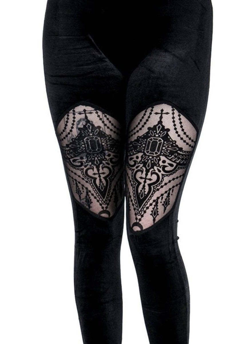 Restyle Beaded Velvet Ornate Cut-Out Mesh Leggings Goth Black