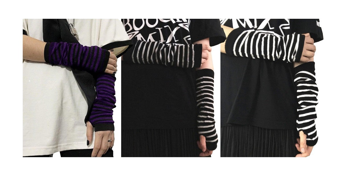 Ro Rox Gothic Striped Fingerless Armwarmers with Thumbhole, Black & Grey