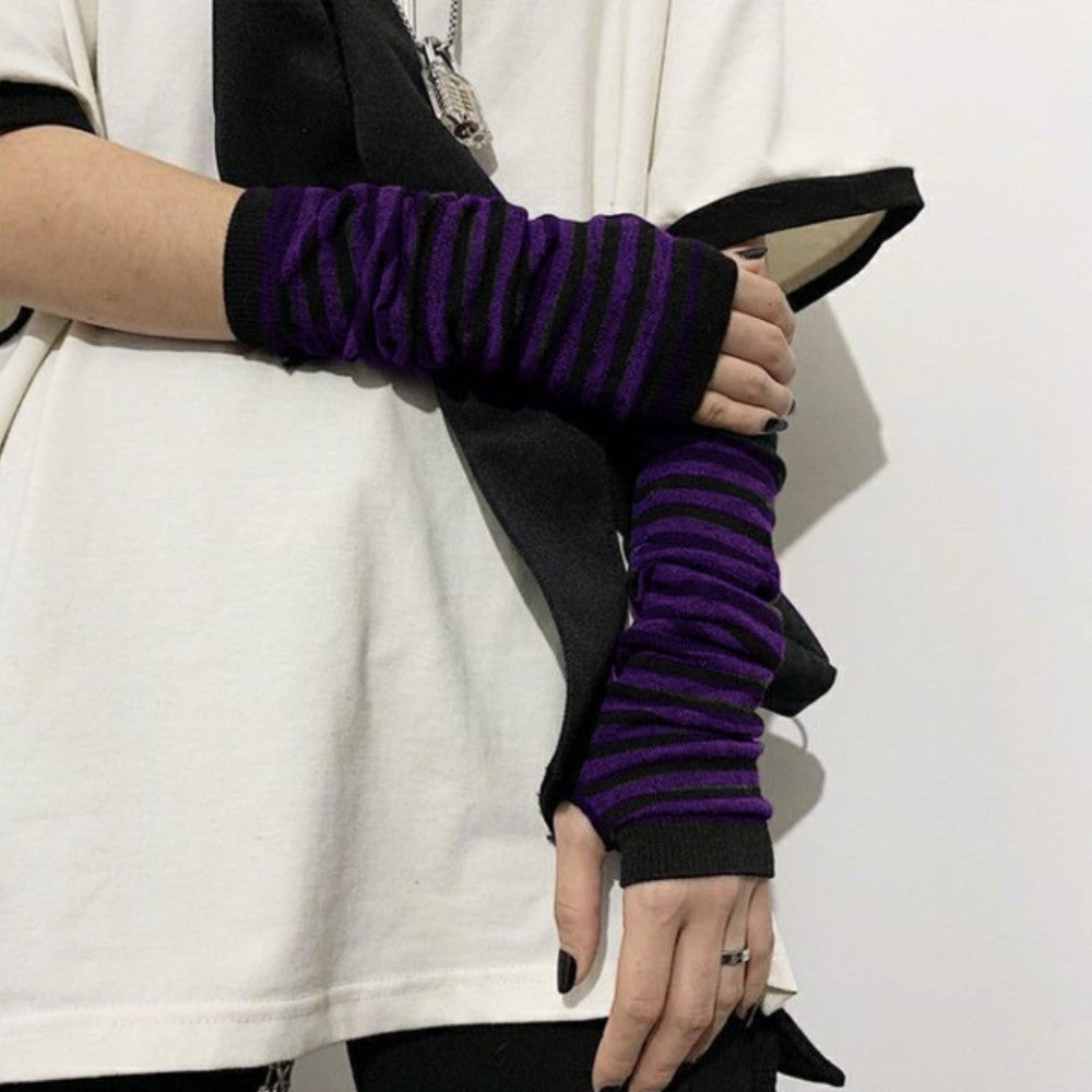 Ro Rox Gothic Striped Fingerless Armwarmers with Thumbhole, Black & Purple