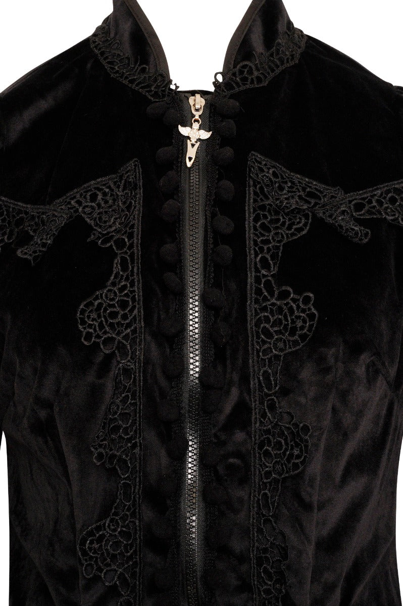 Ro Rox Celeste High Collar Long Sleeve Gothic Velvet Coat, Black