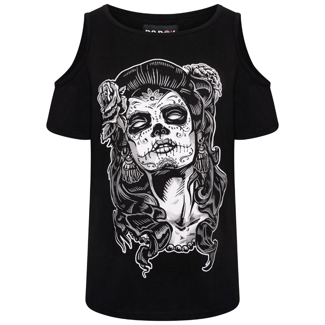 Ro Rox Gothic Day Of The Dead Girl Cold Shoulder Top