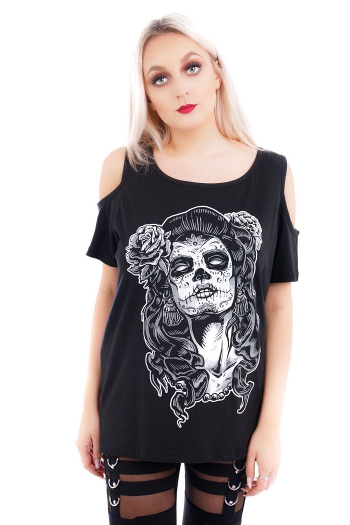 Ro Rox Gothic Day Of The Dead Girl Cold Shoulder Top