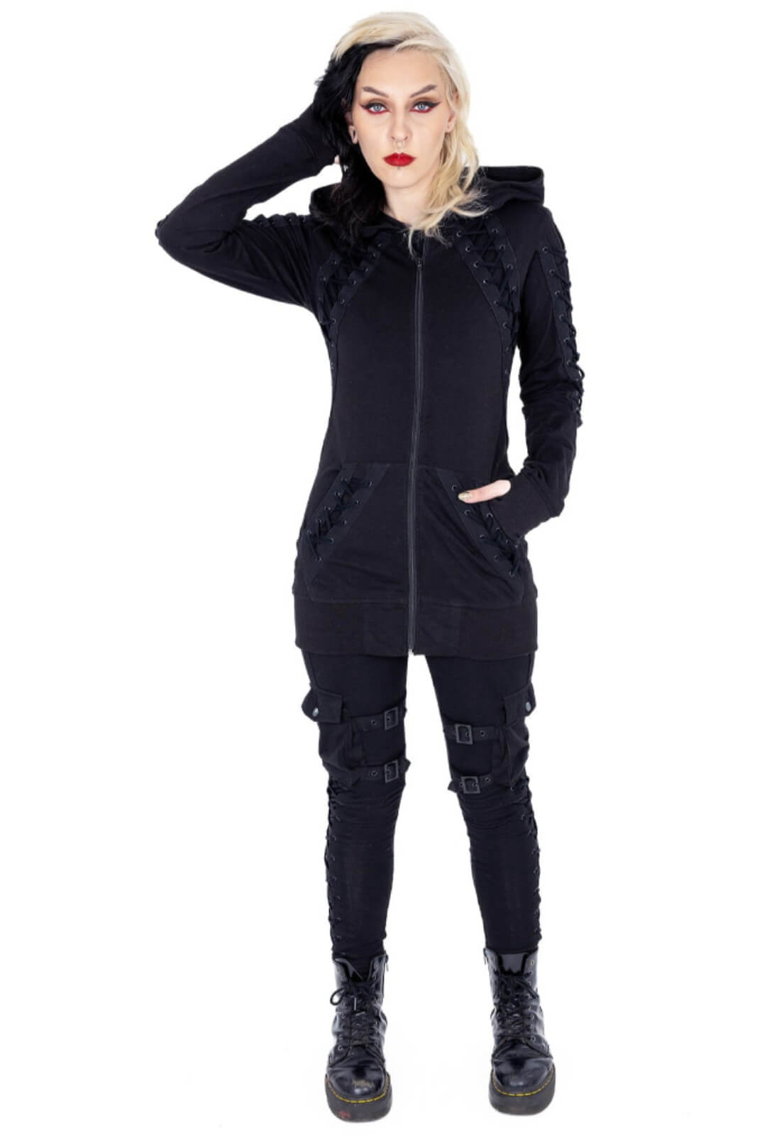 Poizen Industries Diana Hood Full Zip Lace-Up Gothic Jumper
