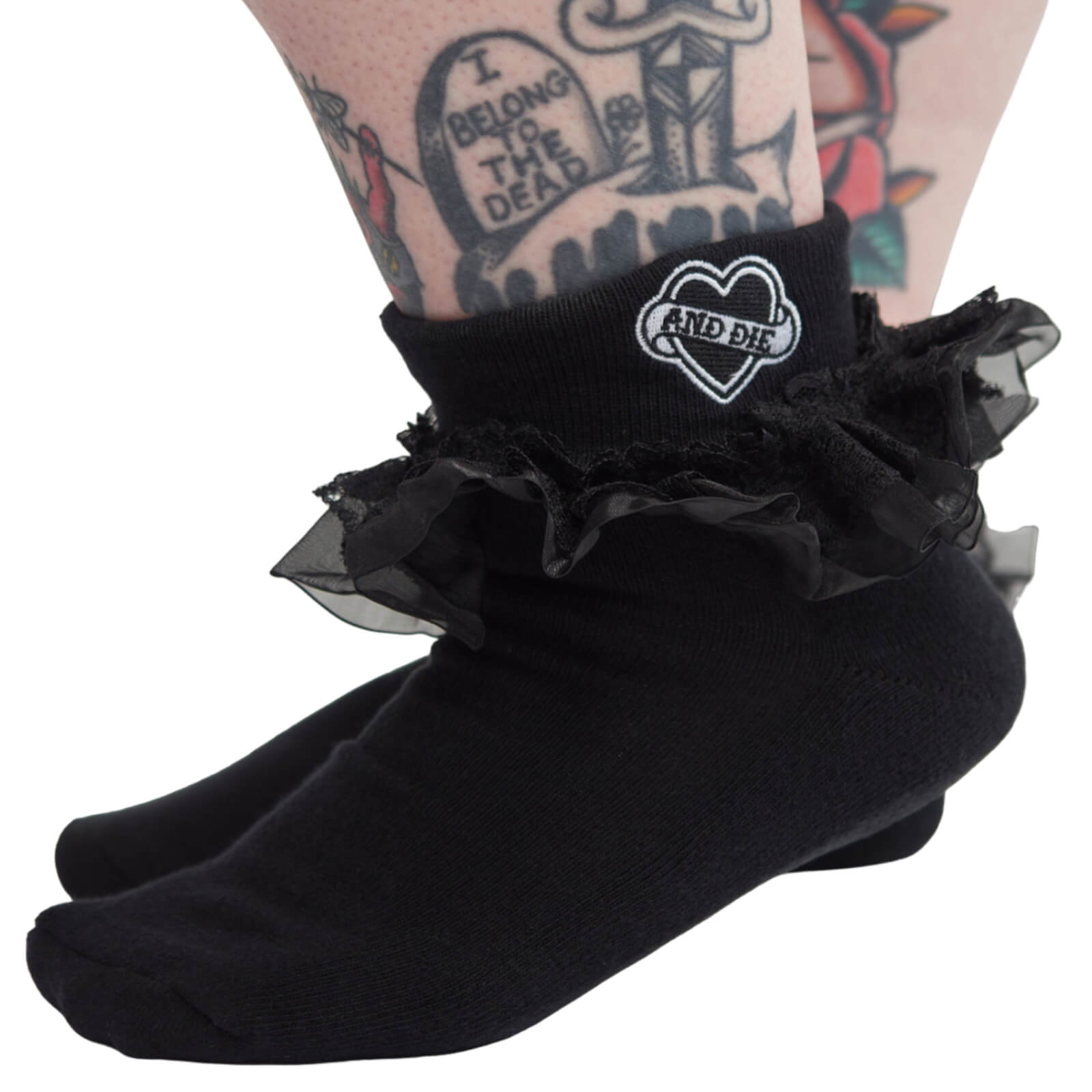 Sourpuss F*ck Off & Die Black Embroidered Cuff Gothic Punk Ruffle Socks
