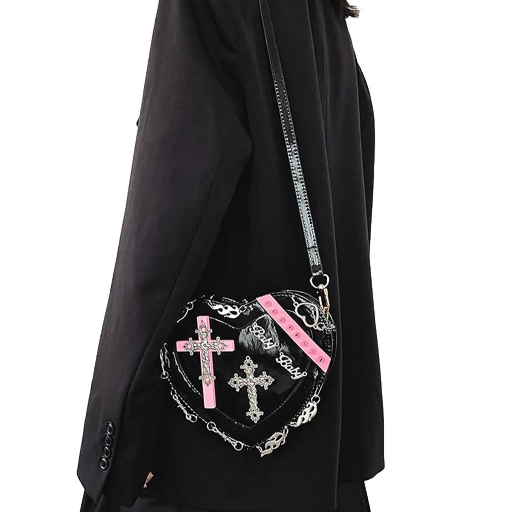 Ro Rox Heart Fire Barbed Wire Cross Studded Shoulder Bag