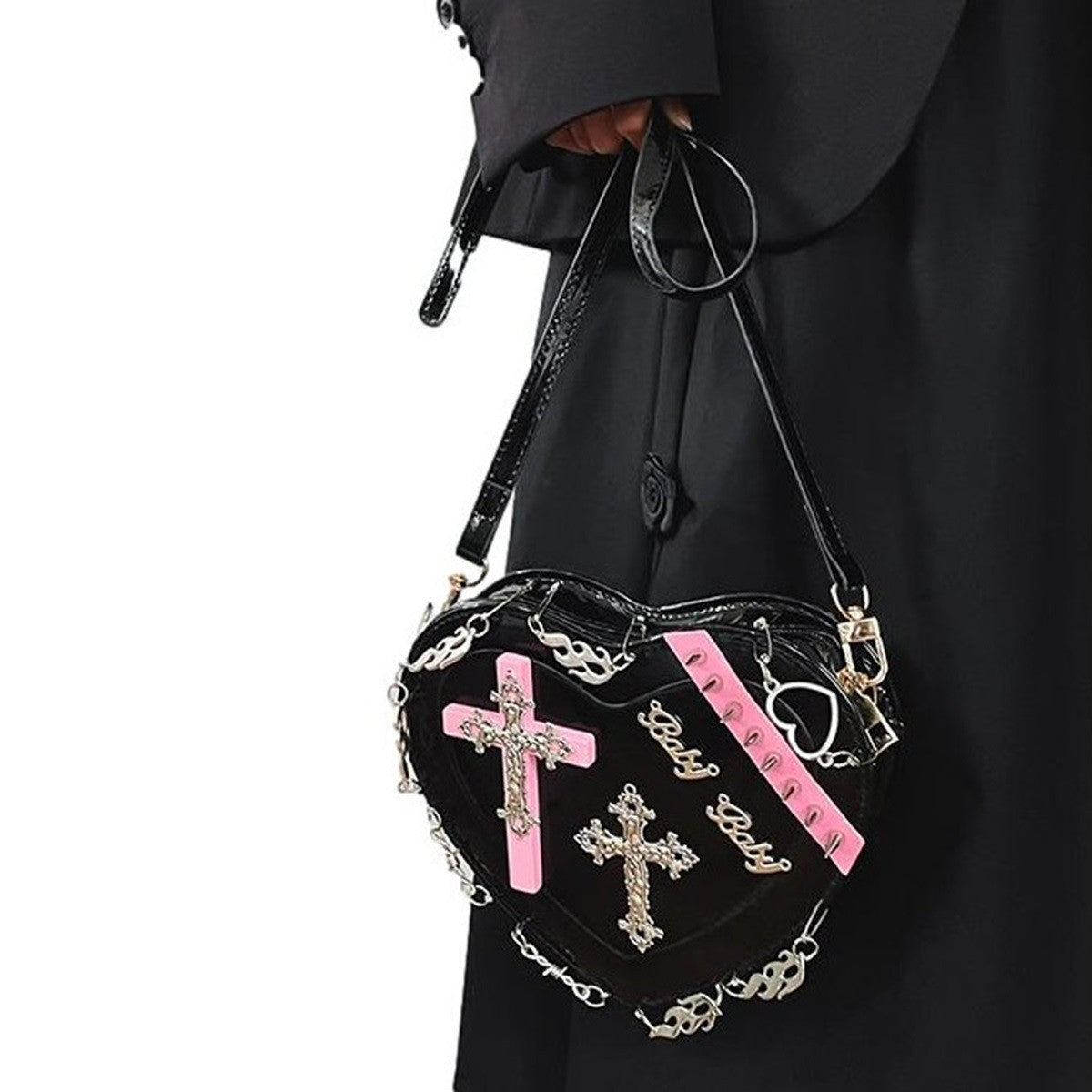 Ro Rox Heart Fire Barbed Wire Cross Studded Shoulder Bag