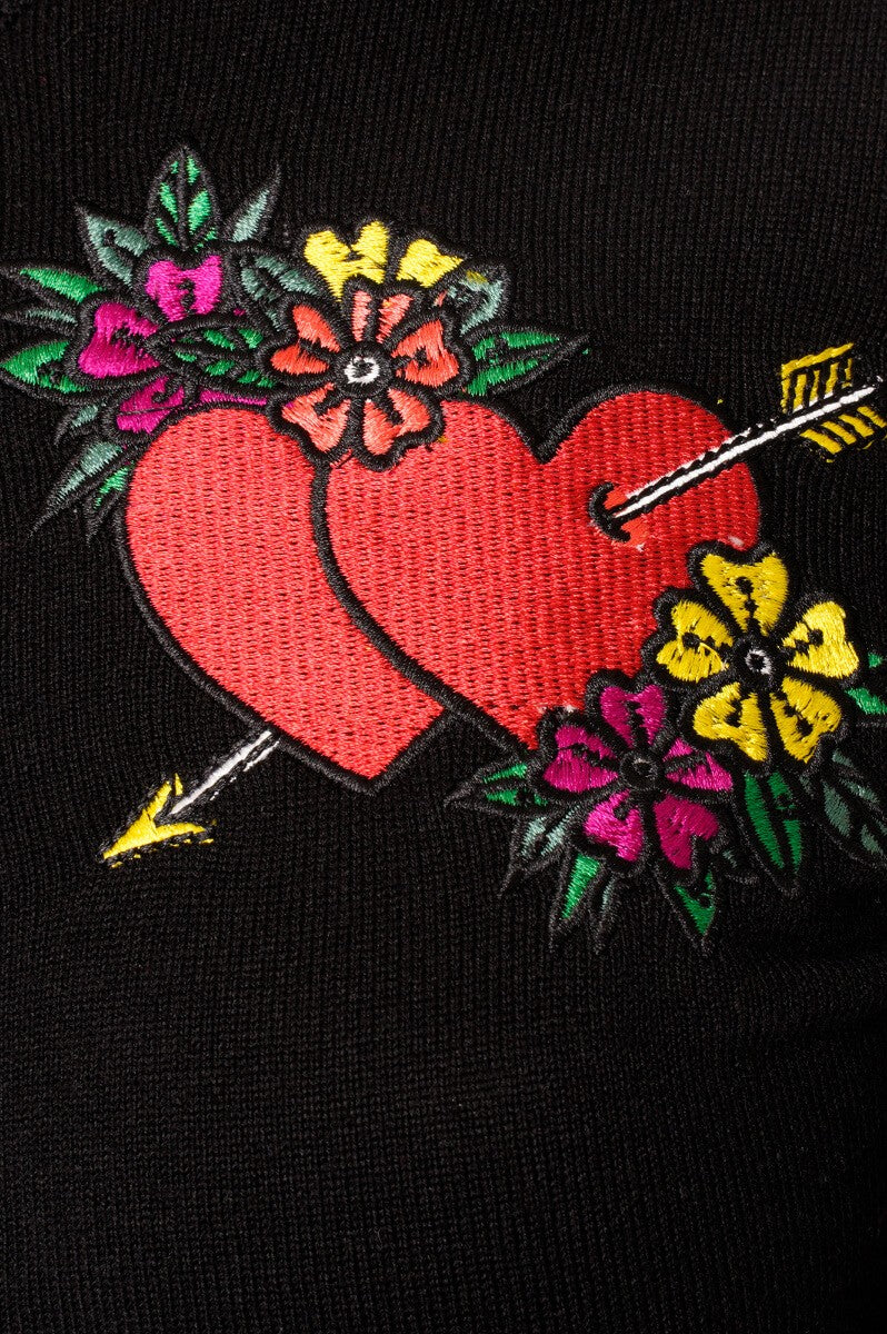 Ro Rox Leana Heart Embroidery Rockabilly Knitted Long Sleeve Cardigan