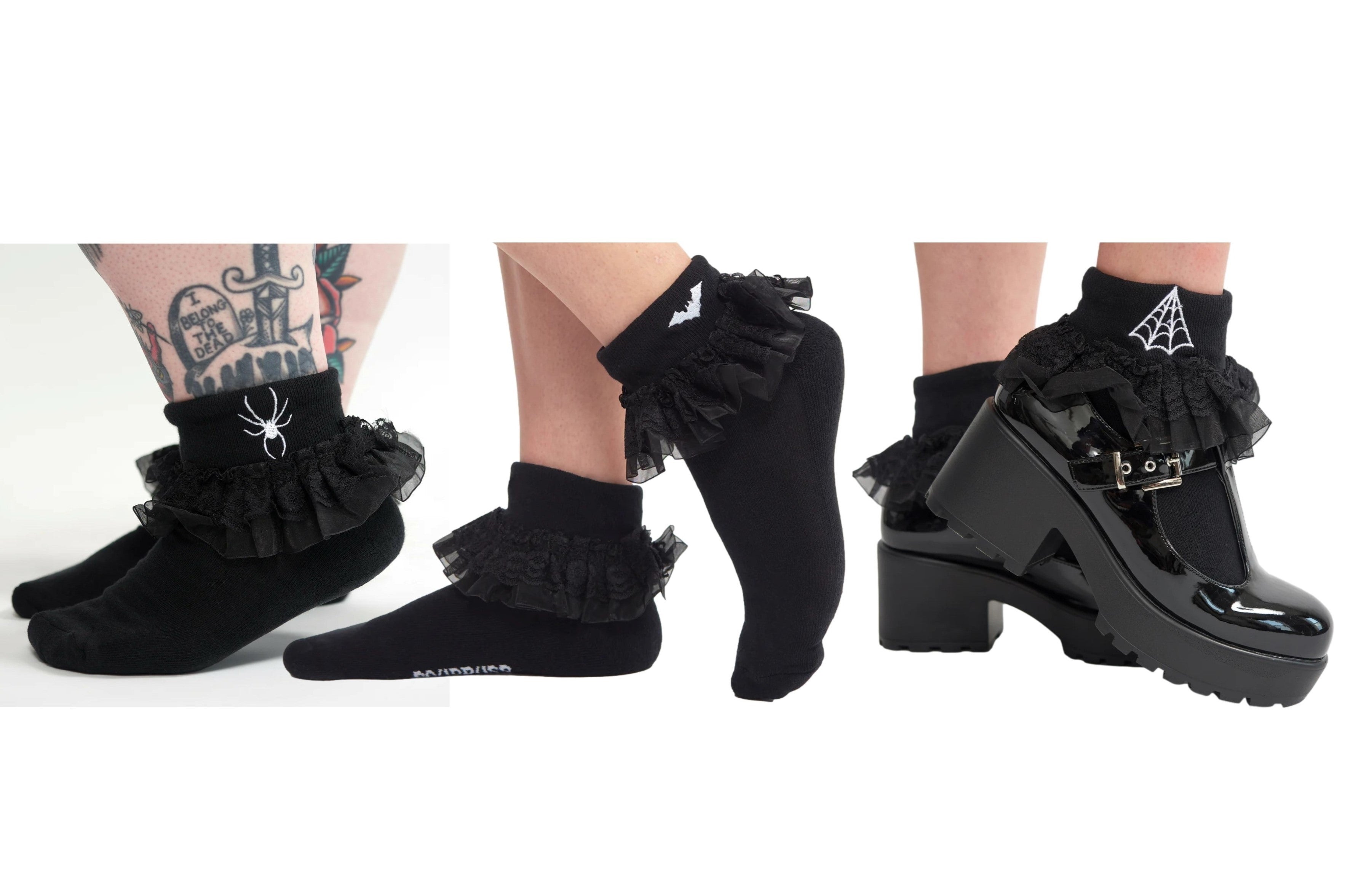 Sourpuss Gothic Web Embroidered Ruffled Socks