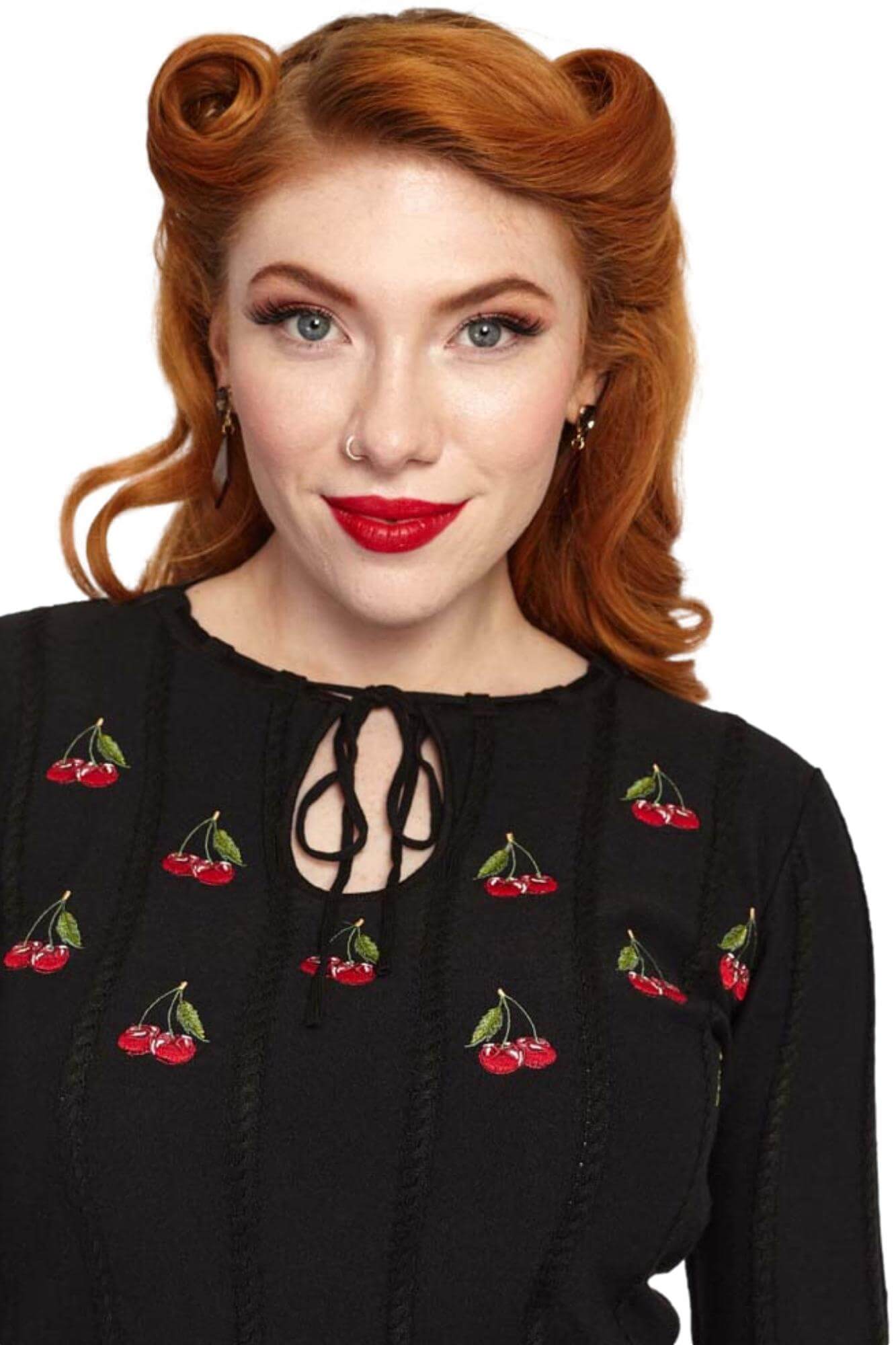 Voodoo Vixen 1950s Cherry Sunflower Embroidery Collared Sweater